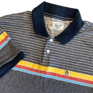 Original Penguin Polo Mens L Navy Blue Striped Pique Cotton Shirt